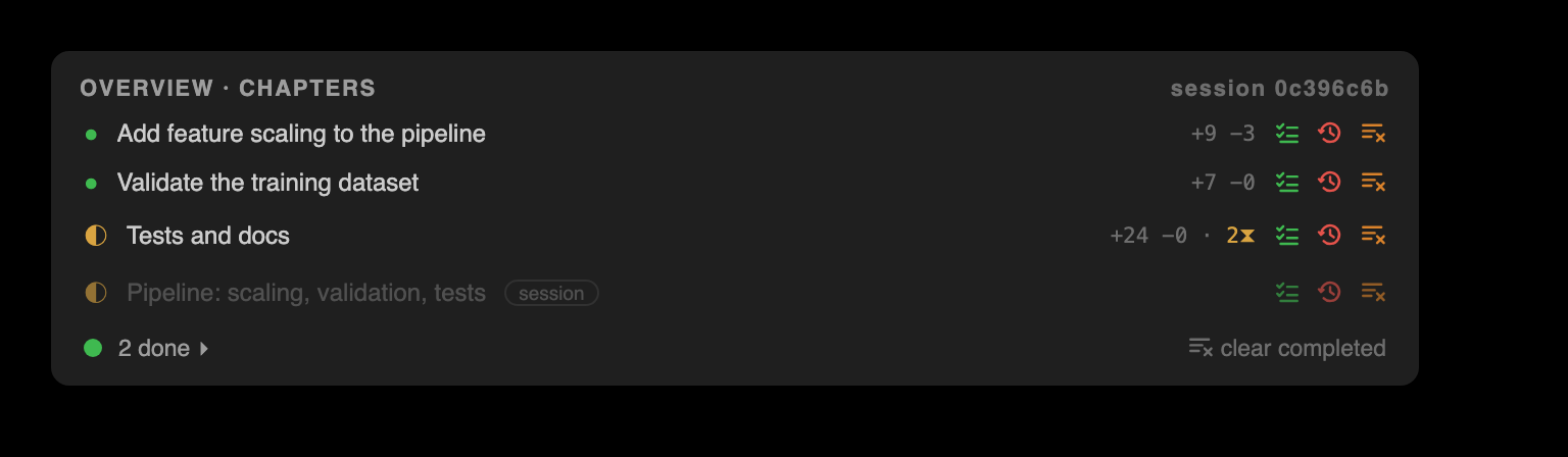 Task chapters: the chapter ribbon — Claude's own to-dos as named chapters with per-chapter review actions