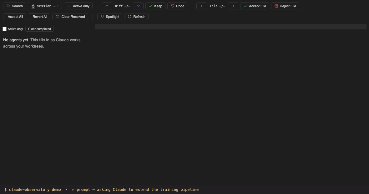 The demo recorded live: the Overview's chapter ribbon, module strip, and file ledger filling in beat by beat — a fleet agent with its subagent appears, then a workflow run