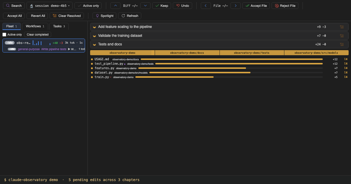 Recording of the review: task-keep accepting the first chapter — its row settles to green while the others stay pending — then the second, then Accept All clearing the fully-reviewed demo store to an empty panel