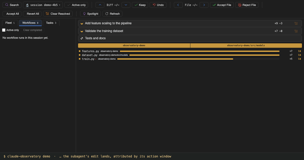 Recording of the workflow arc in the Workflows nav: the empty tab, the run appearing while still running, its agent's documentation edit landing, then the completed run with its Docs phase group, per-agent tokens, time, and edits — with the run's own change-map slice on the right