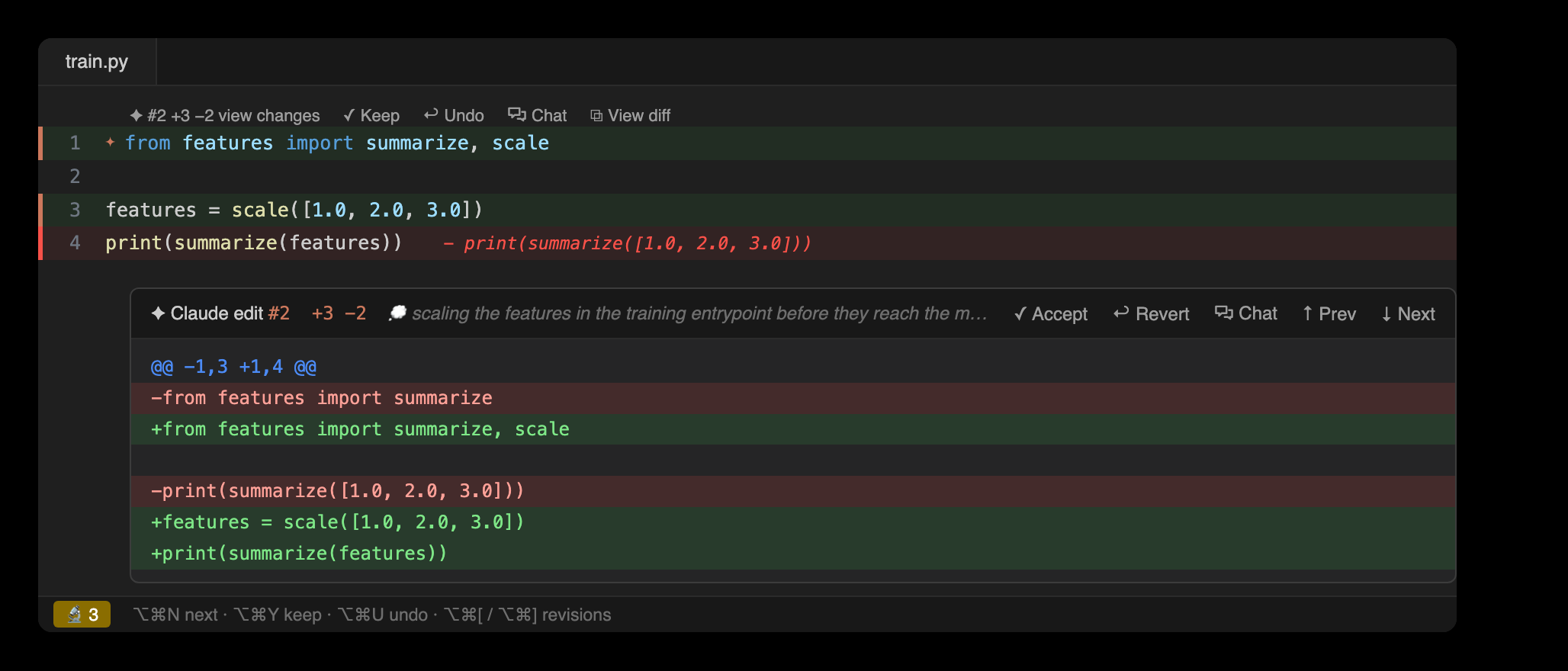 Inline review: a tinted pending edit with a ✨ marker and Keep/Undo actions
