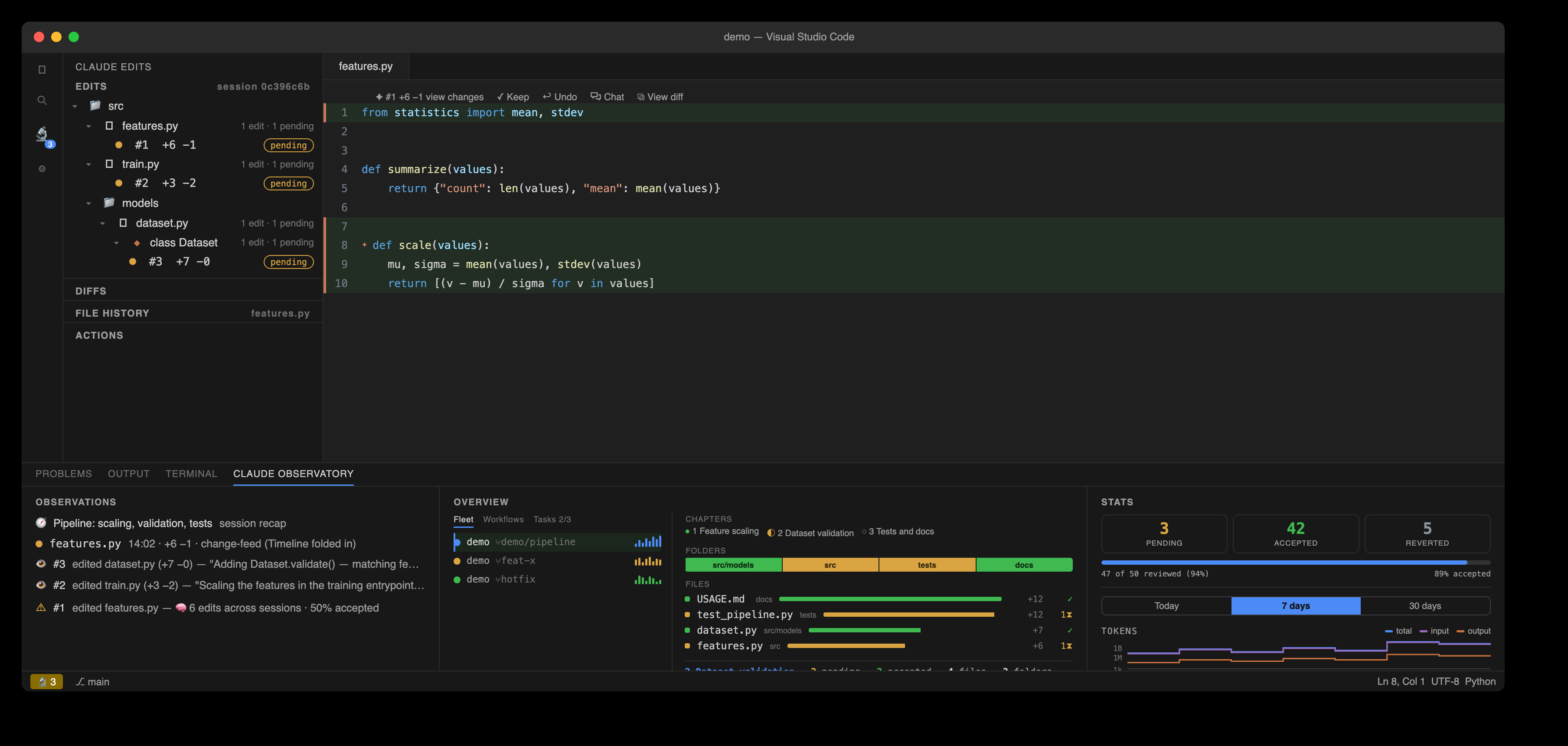 The observatory in VS Code: sidebar edits, inline review, and the bottom dashboards
