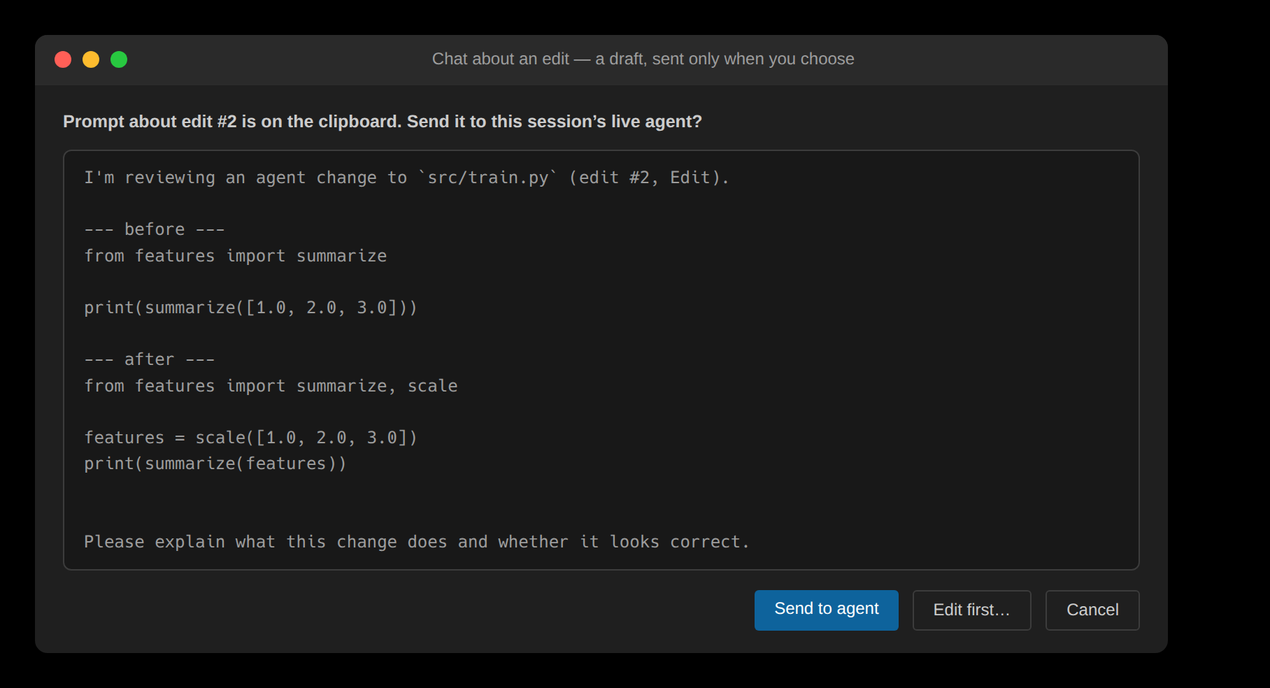 Chat handoff: a context-preloaded prompt about one edit