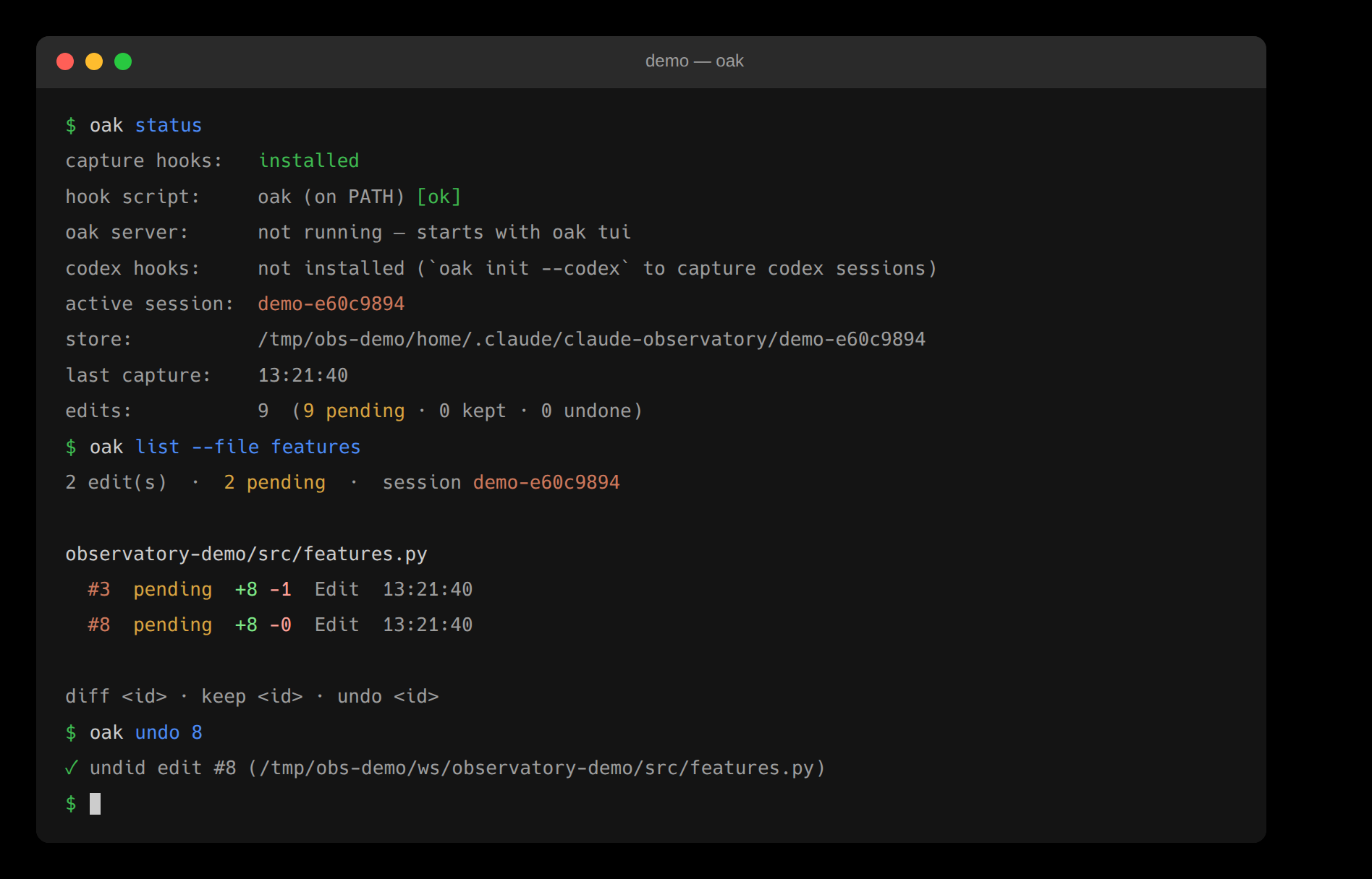 The CLI: reviewing the agent's edits from the terminal