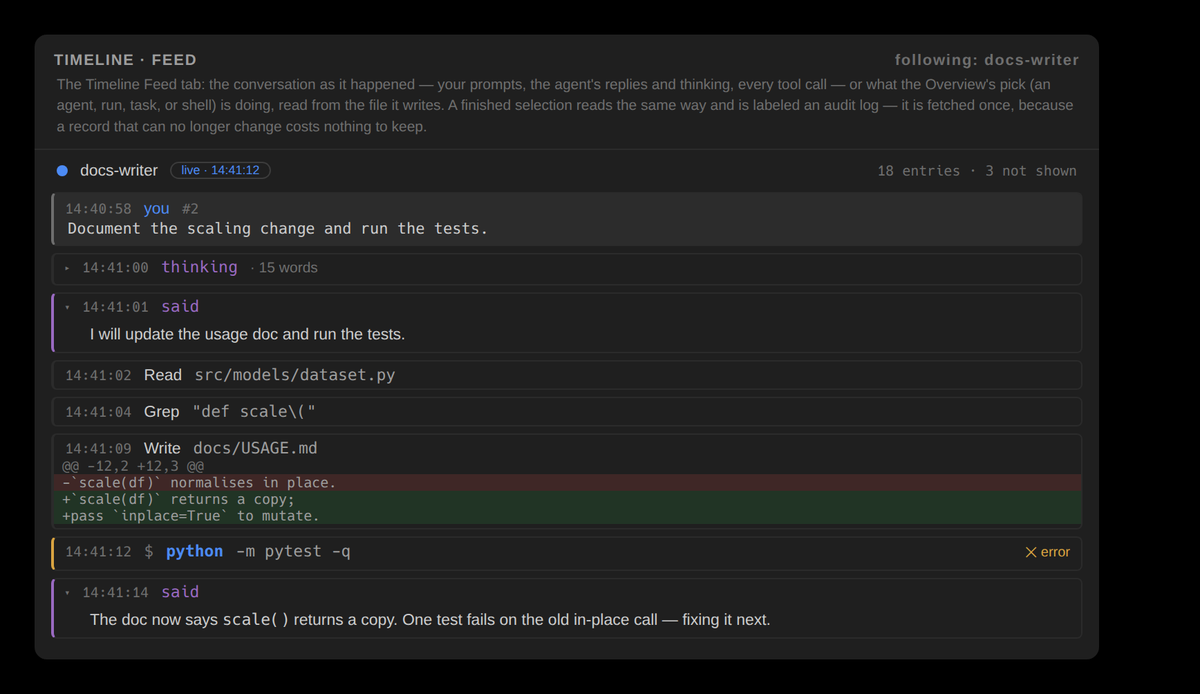 The Timeline's Feed tab: a prompt on a grey band, the agent's reply and a folded thought, then each tool call with its time, a shell call as a command, and an edit's diff as background bands