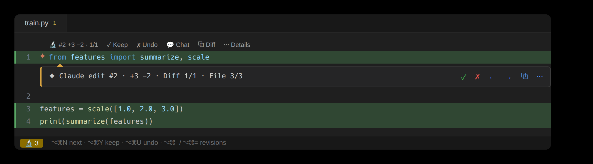 Inline review: a tinted pending edit with a marker and Keep/Undo actions in the editor