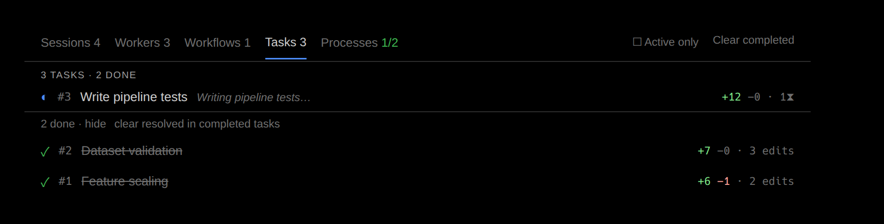 The Overview's Tasks tab: the session's numbered tasks with a status glyph, the task number and subject, the in-progress task's active form in italics, and the added and removed lines and edit count of each task's strict span