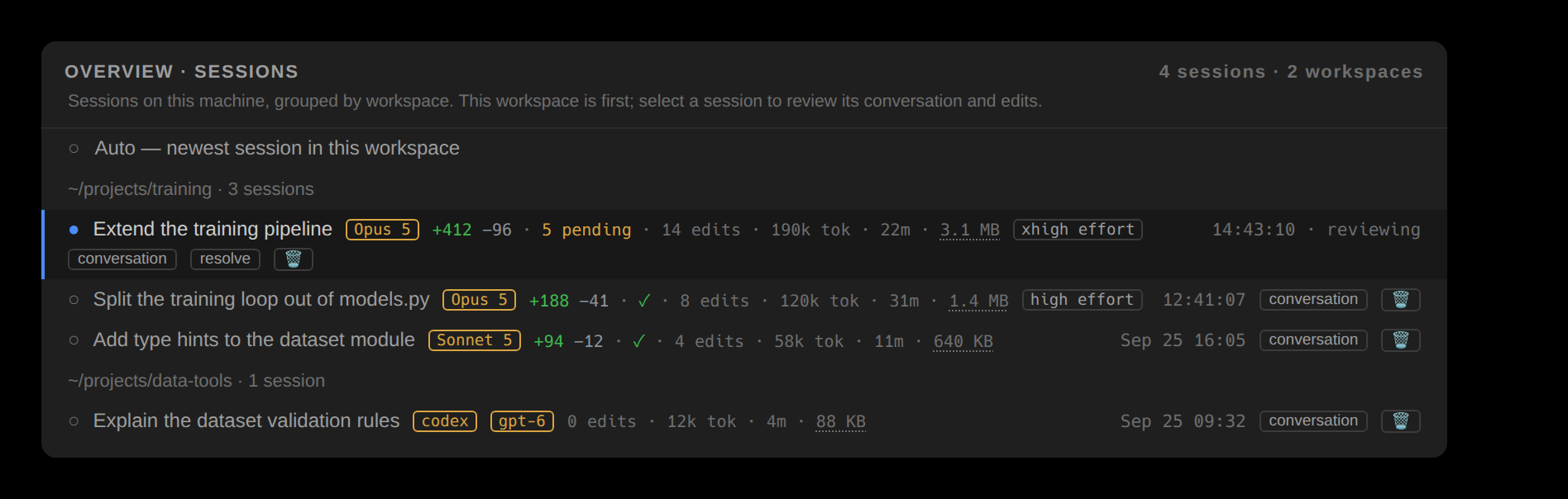 The Overview's Sessions tab: sessions grouped by workspace, each row with its title, model, line counts, pending edits, tokens, duration, store size and last activity, and its conversation, resolve and delete buttons