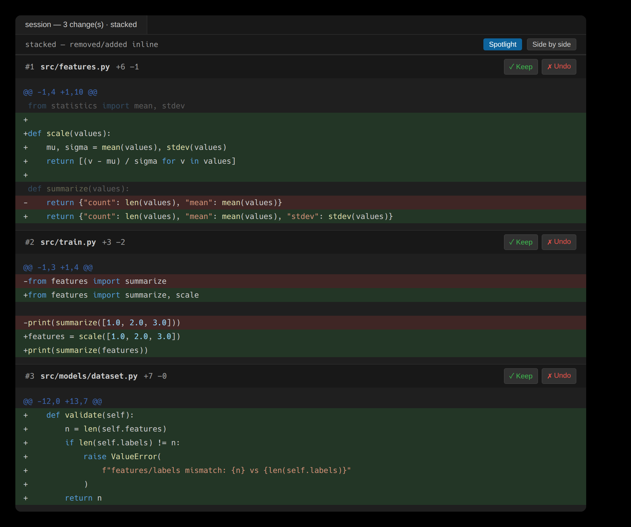 The stacked diff view: every pending edit's diff in one scroll, each with its own Keep and Undo