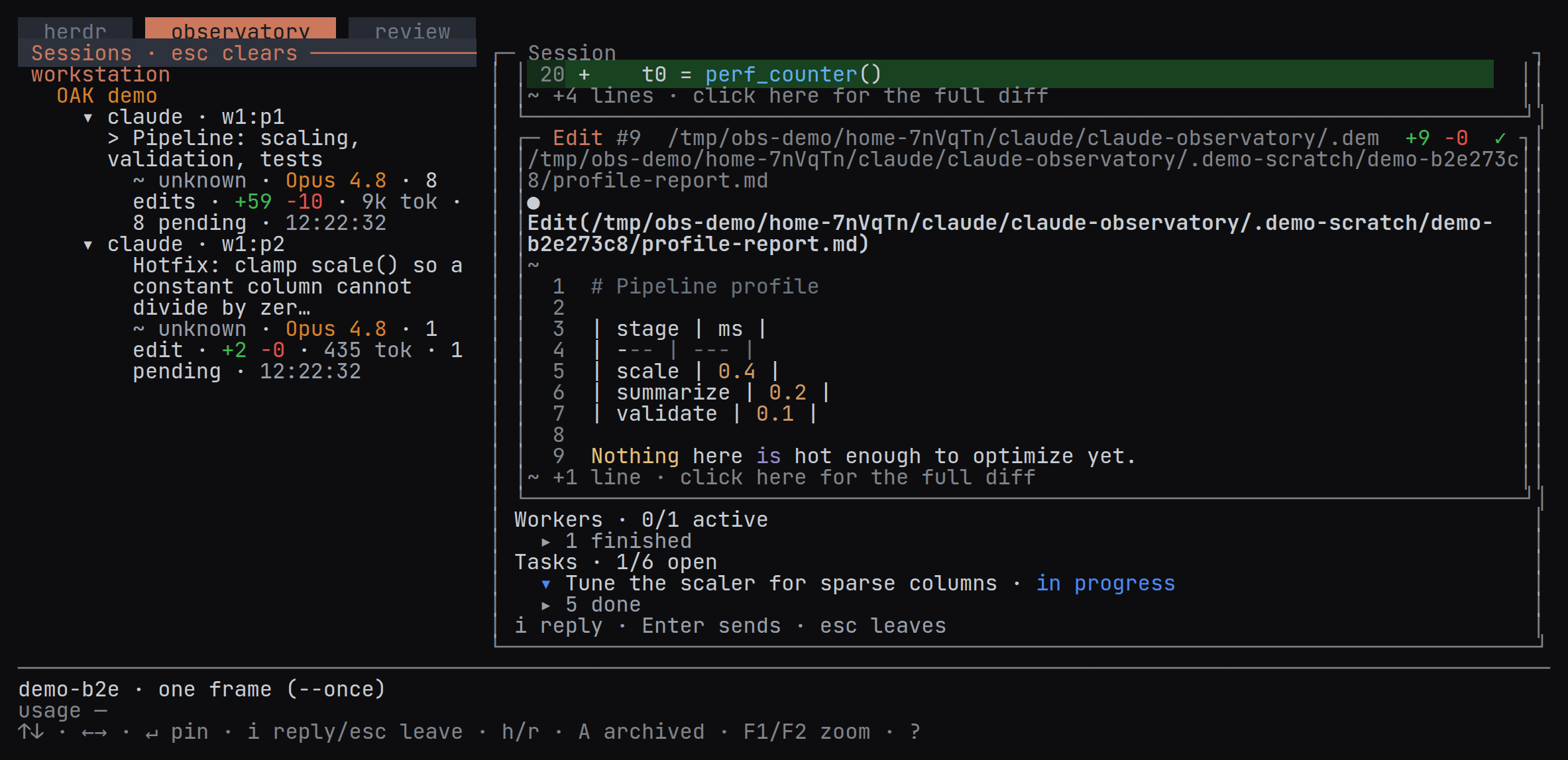 The terminal app's Observatory tab: sessions by machine and workspace on the left, the pinned conversation with its tool calls, workers and tasks on the right