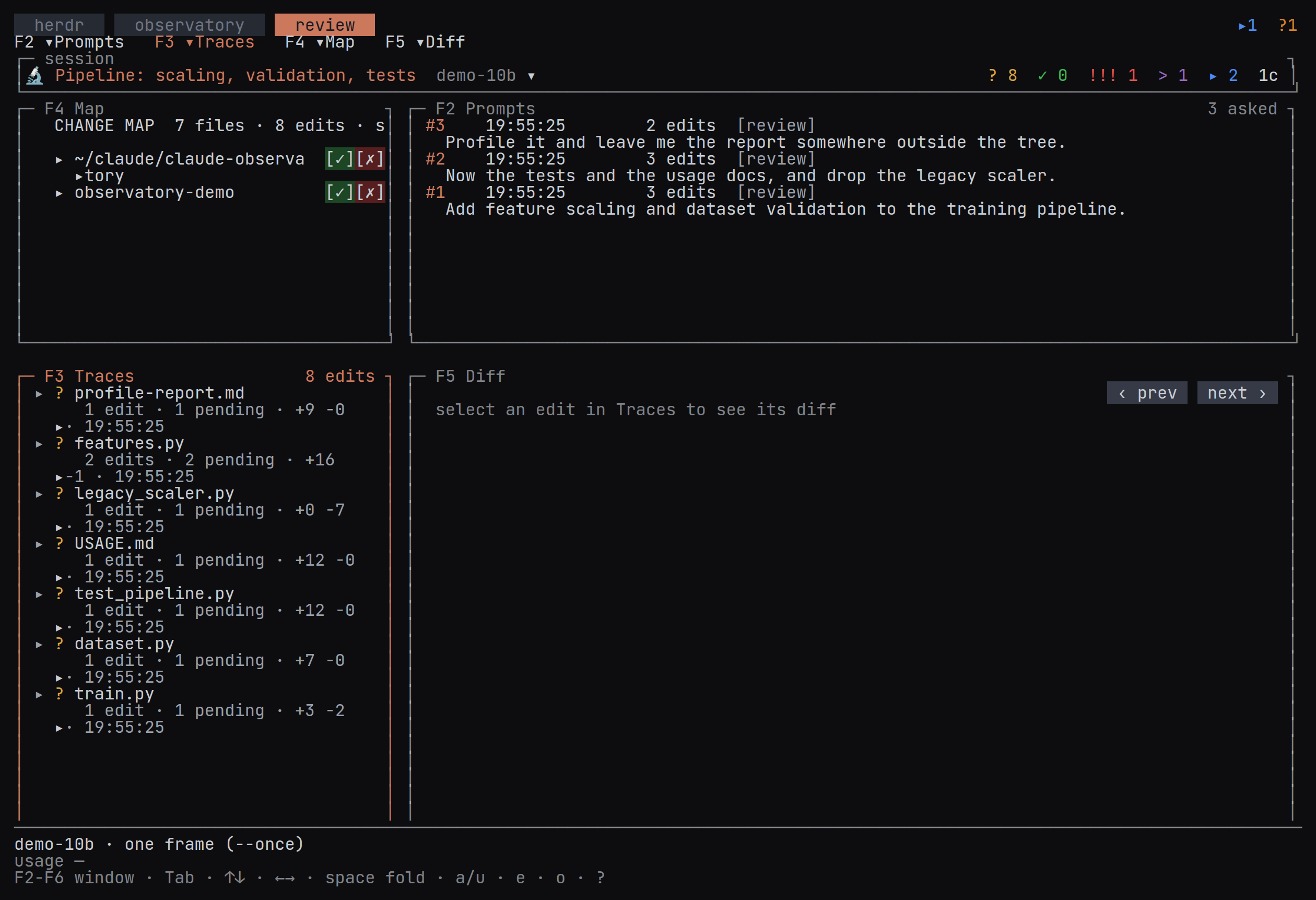 The review tab in the terminal app: a change map and the prompts that drove the session across the top, a file-grouped stack of every edit on the lower left, and on the lower right the Diff pane, which shows an edit's diff once one is selected