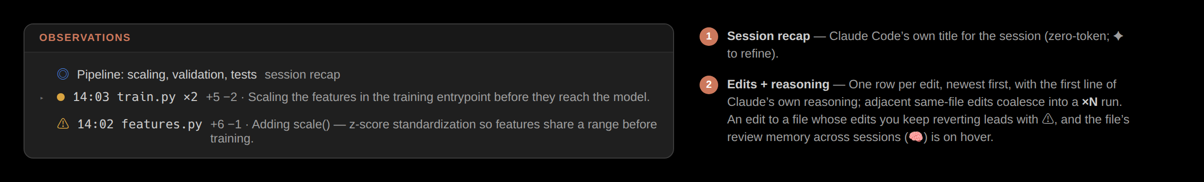 The Observations panel: the session recap, the coalesced change feed with adjacent same-file edits collapsed into one run, and the per-edit reasoning rows with their flags and file memory